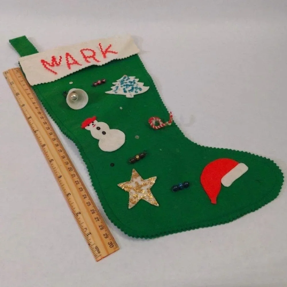 Vintage Handmade Green Felt Christmas Stocking Mark Snowman Star Bell